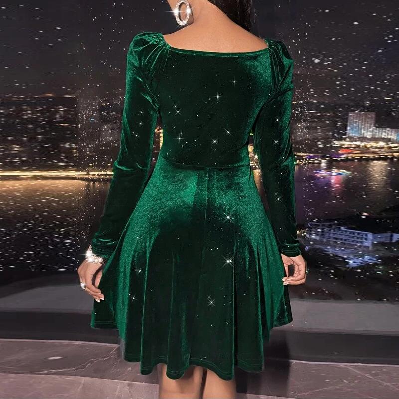 2026 New Women's Velvet Bodycon Dress, V-Neck Long Sleeve Short Cocktail Dress with Waist Cinching, Sexy Holiday & Party Velvet Gown