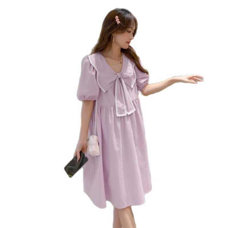 Small Fresh and Sweet Age-reducing Maternity Dress Women's Summer Bow Doll Collar Loose and Thin Large Size Maternity Dress