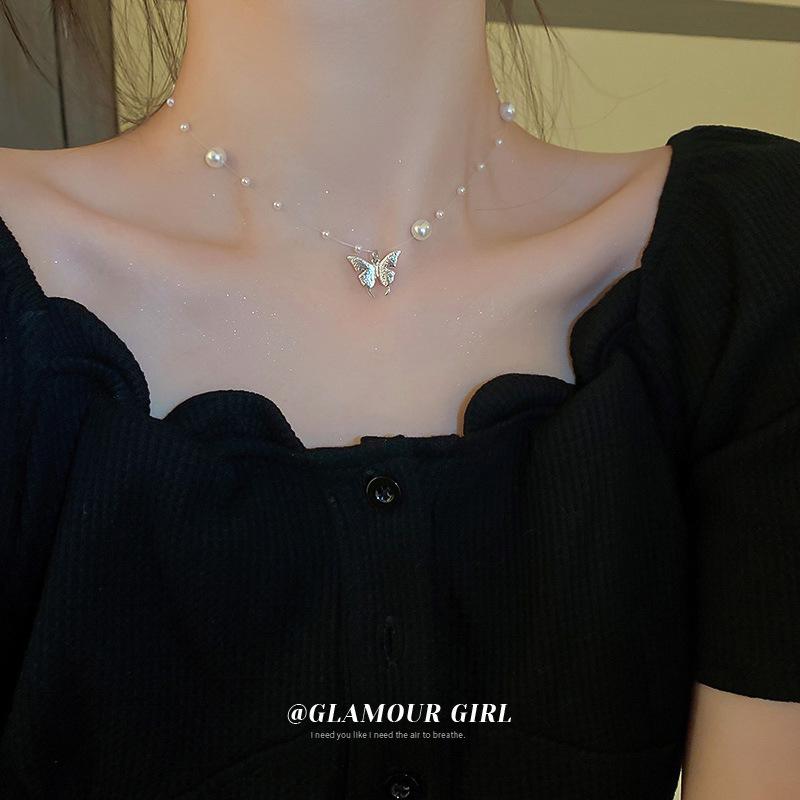Korean Temperament Love Butterfly Pearl Fringed Necklace Fashion Collarbone Chain Versatile Item Decoration