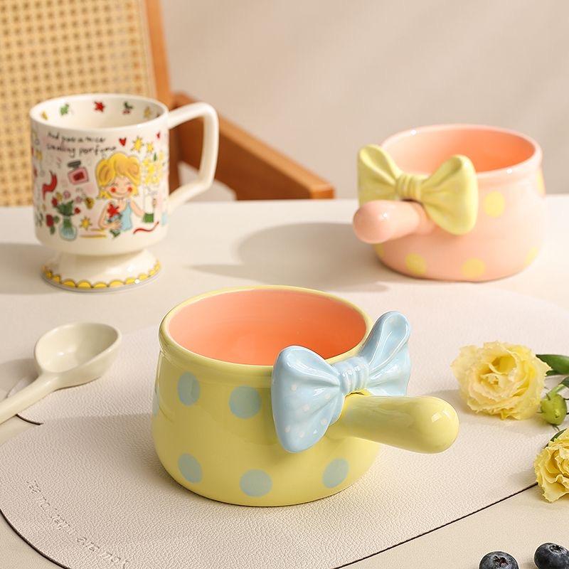 Cute Bowknot Ceramic Bowl with Handle, Aesthetic Salad, Dessert & Breakfast Oatmeal Bowl