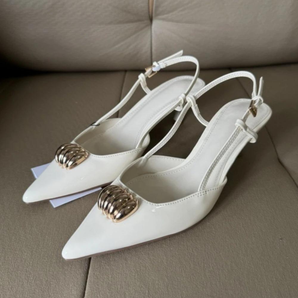 Fashion Metal Decoration Designer Sandals for Women Summer Sexy Patent Leather Pointed Toe High Heels Party Dress Shoes