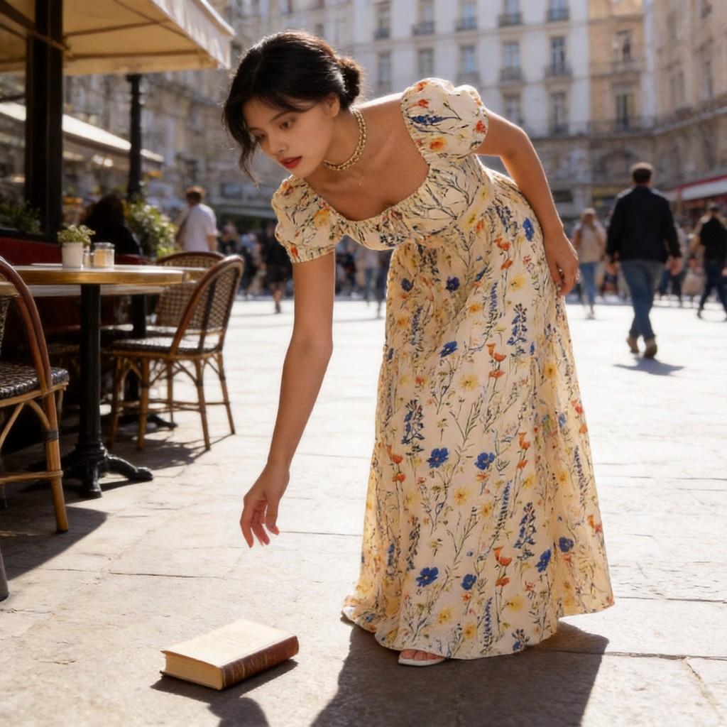 French Bubble Sleeve Printed Dress With Polyester Fabric For Summer Casual Wear