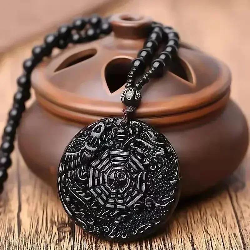 Obsidian Gossip Pendant Necklace Carving Dragon and Phoenix Shape Lucky Amulet Jewelry Six-Character Mantra Pearl Jewelry