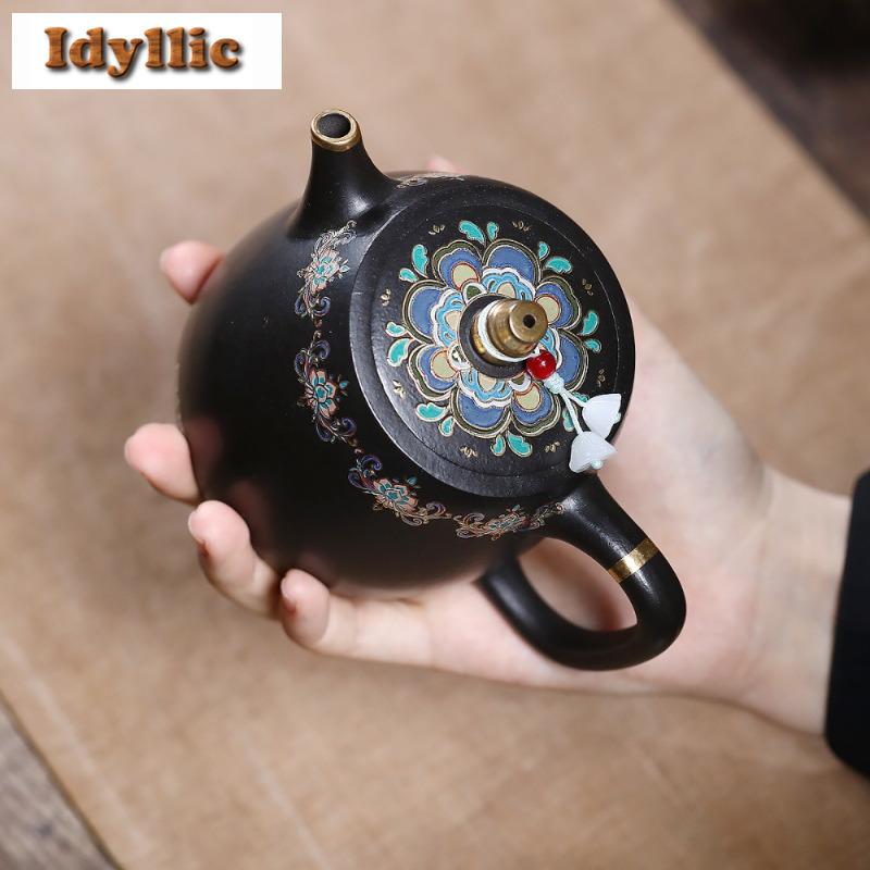 300ml Yixing Purple Clay Teapots Handmade Colour Enamels Pot Raw Ore Zhu Mud Reducing Roasting Kettle With Filter Zisha Tea Set