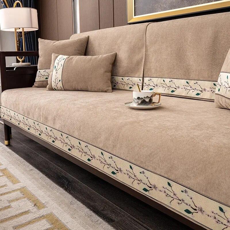 Chenilowa Mata na Sofę z Haftem Antypoślizgowa Pogrubiona Ręcznik na Oparcie Dekoracja Domu Salonu Pyłoszczelna Pikowana Poduszka