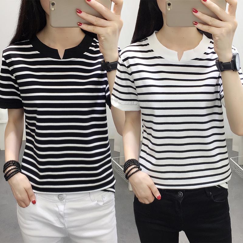 2024 Summer V-neck Korean Style Loose Fit Short Sleeve T-shirt for Women