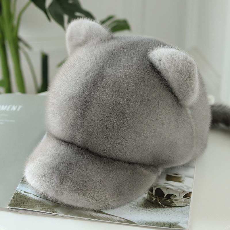 Lightweight Cute Fluffy Baseball Caps High Quality Baseball Fur Caps Mink with cat Ear