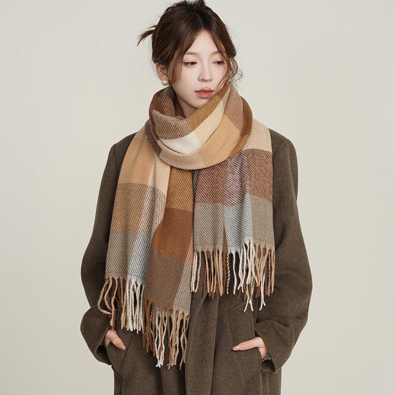 Imitation cashmere scarf women's autumn and winter classic plaid casual fringed student long shawl scarf