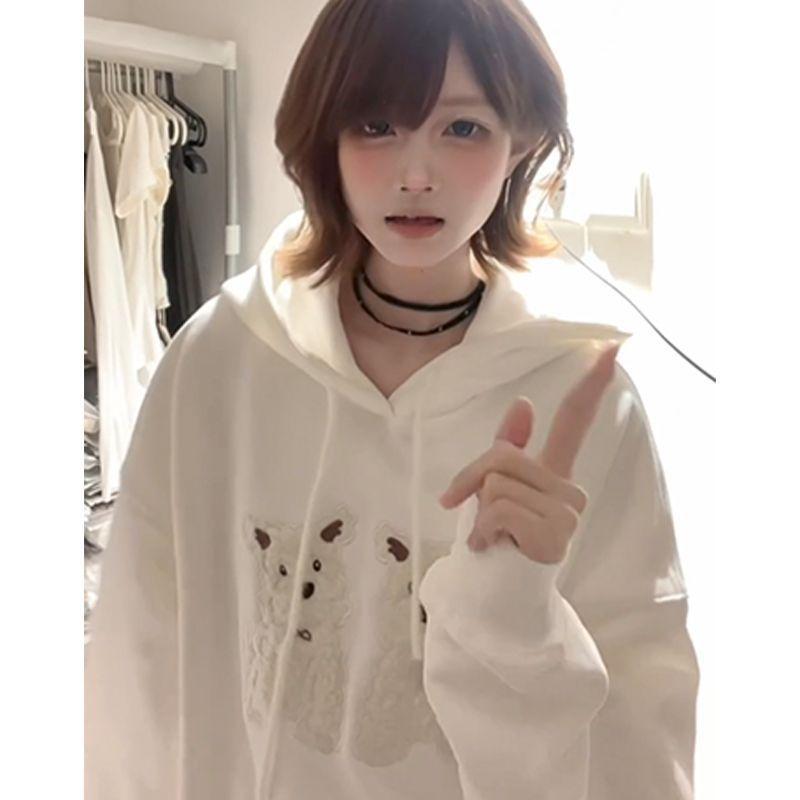 American heavy puppy embroidery white hooded sweater women 2025 new coat loose lazy wind