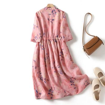 Shoulder Design 2025 Summer New Cotton and Linen Printed V-neck Drawstring Waist Fairy Dress