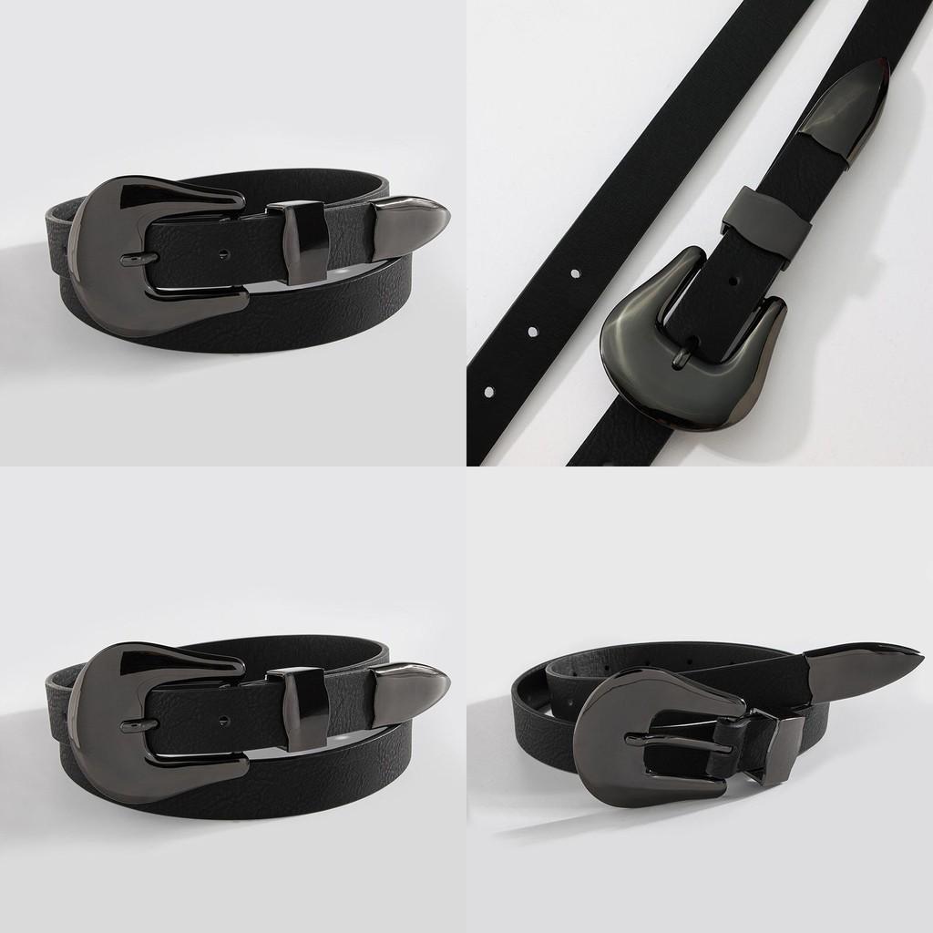 Modern Womens Black Belt With Round Alloy Buckle And Geometric Design