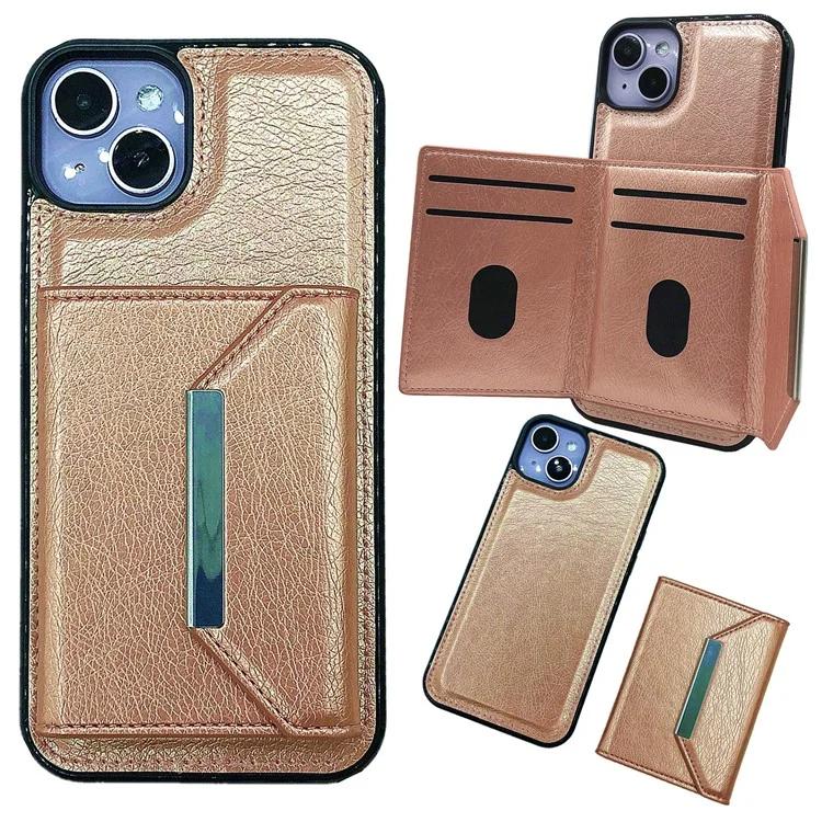 

For iPhone 15 Case Leather Phone Back Cover Detachable Card Holder Kickstand