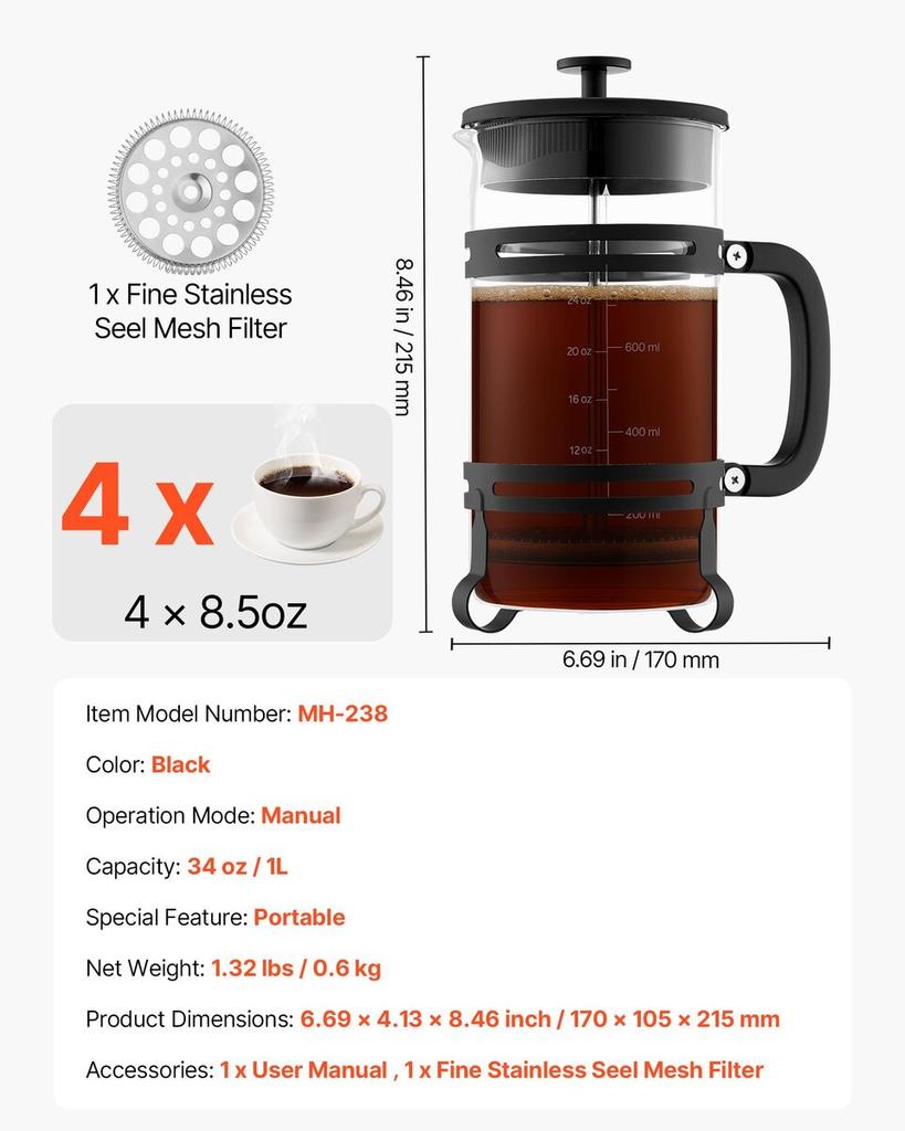 French Press Coffee Maker, 1 Liter Borosilicate Glass Coffee Press Tea Maker with Stainless Steel Filter, Large Glass French Presses Cold Brew for