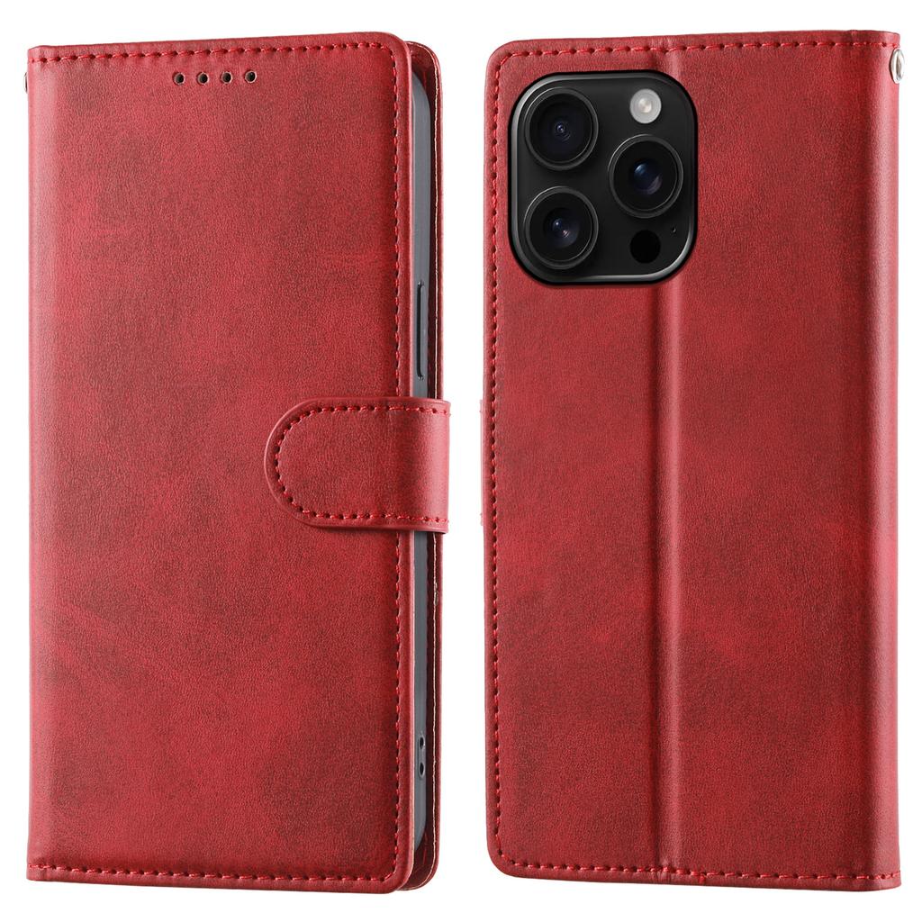For iPhone 16 Pro Max Case Stand Wallet Calf Texture PU Leather Flip Phone Cover with Wrist Strap
