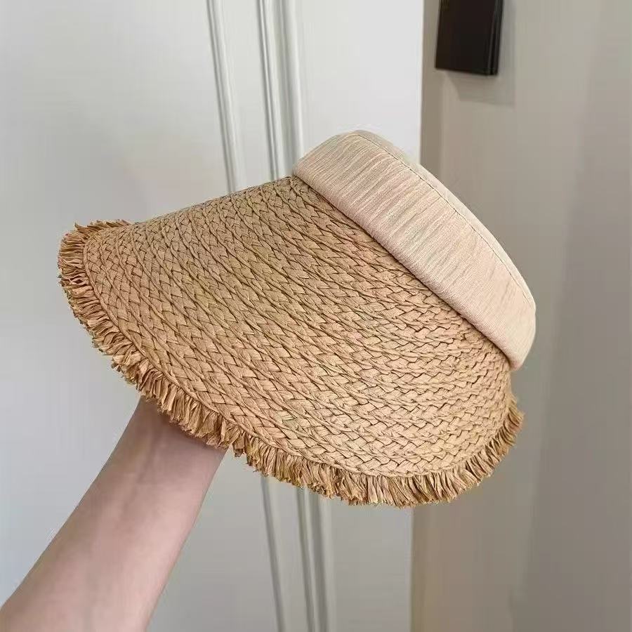 Summer Straw Woven Foldable Raffia Rough Edge Big Brim Sun Protection Hat Women's Summer Travel Shading and UV Protection