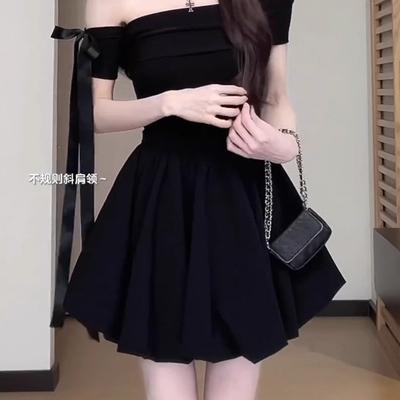 LC French One-word Shoulder Off-the-shoulder Black Dress Women's Summer New Hepburn Style Beautiful Fluffy Flower