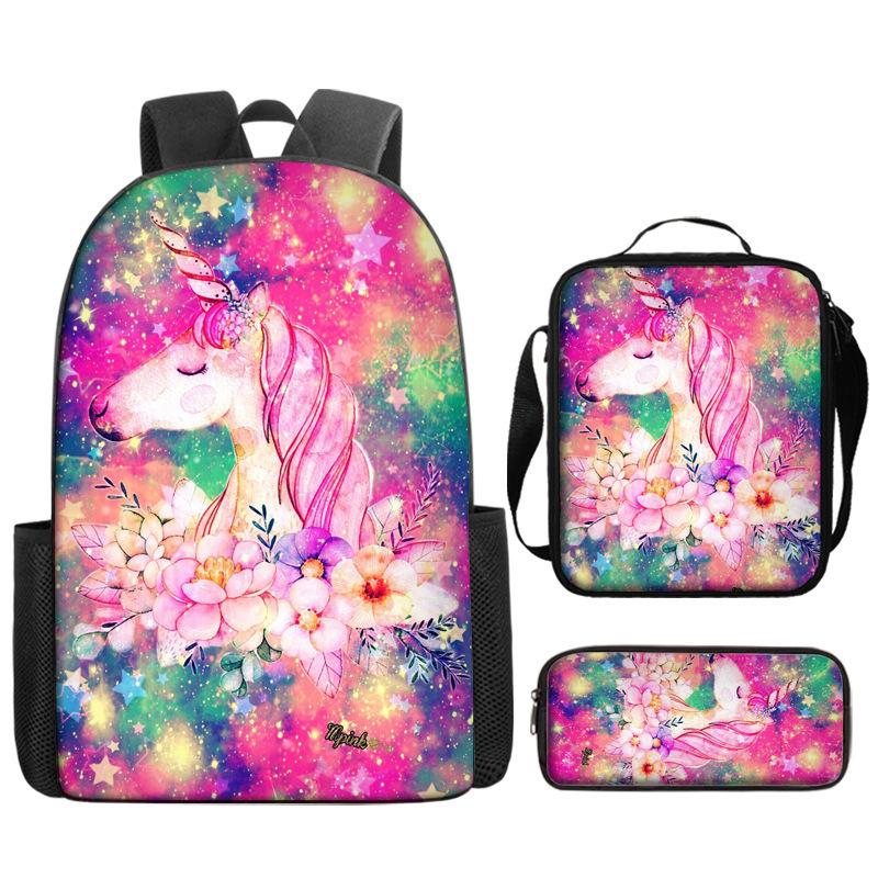 Unicorn Backpack for Kids School Bag Set 3-Piece with Pencil Case Shoulder Bag, Cartoon Anime Backpack for Boys Girls Students