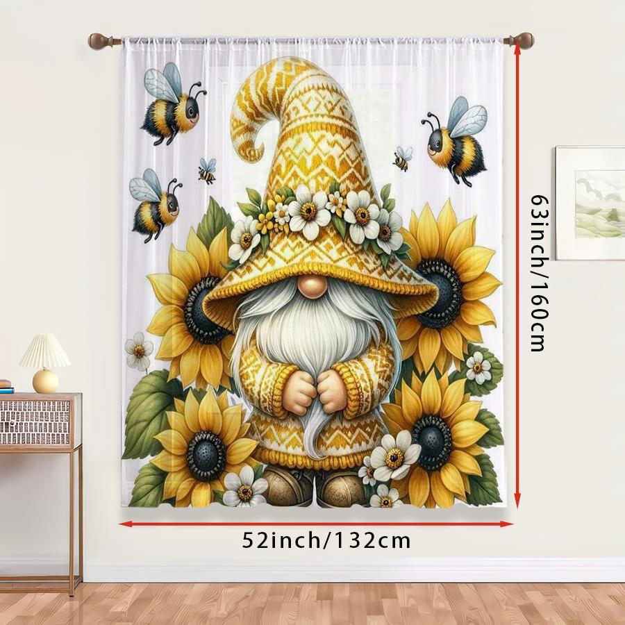 1PC Sheer Curtain Sunflower Gnome Bee Yellow Print, Rod Pocket Window Curtain for Living Room Summer Garden Decor