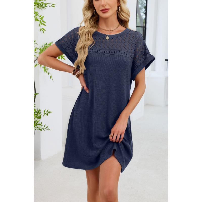 Spring/Summer Lace Splicing Loose Short Sleeve Dress New Solid Color Sweet A-line Dresses Round Neck Elegant Solid Color Casual Simple Party Clothing
