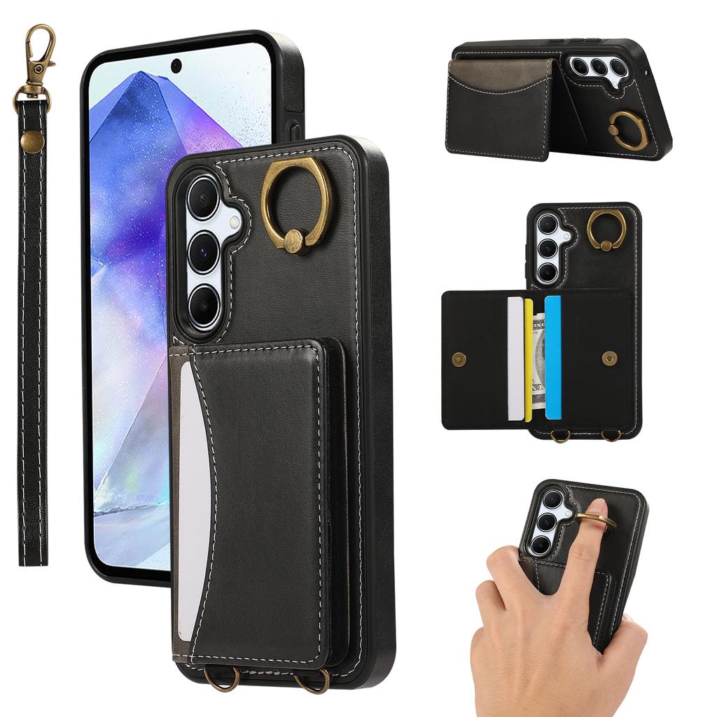 For Samsung Galaxy A54 5G PU Leather Back Case Card Holder Kickstand Phone Cover with Wrist Strap