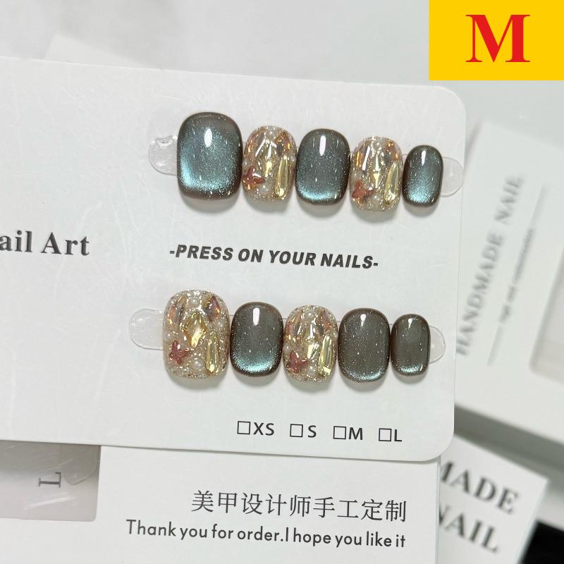 New 10Pcs Handmade Press on Nails Short Cat's Eye Pattern with Diamonds Removable Wearable False Nail for Women&Girls