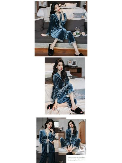 Women's Golden Velvet Lace Pajama Set - Long Sleeve, Autumn/Winter Style, Sexy Homewear.