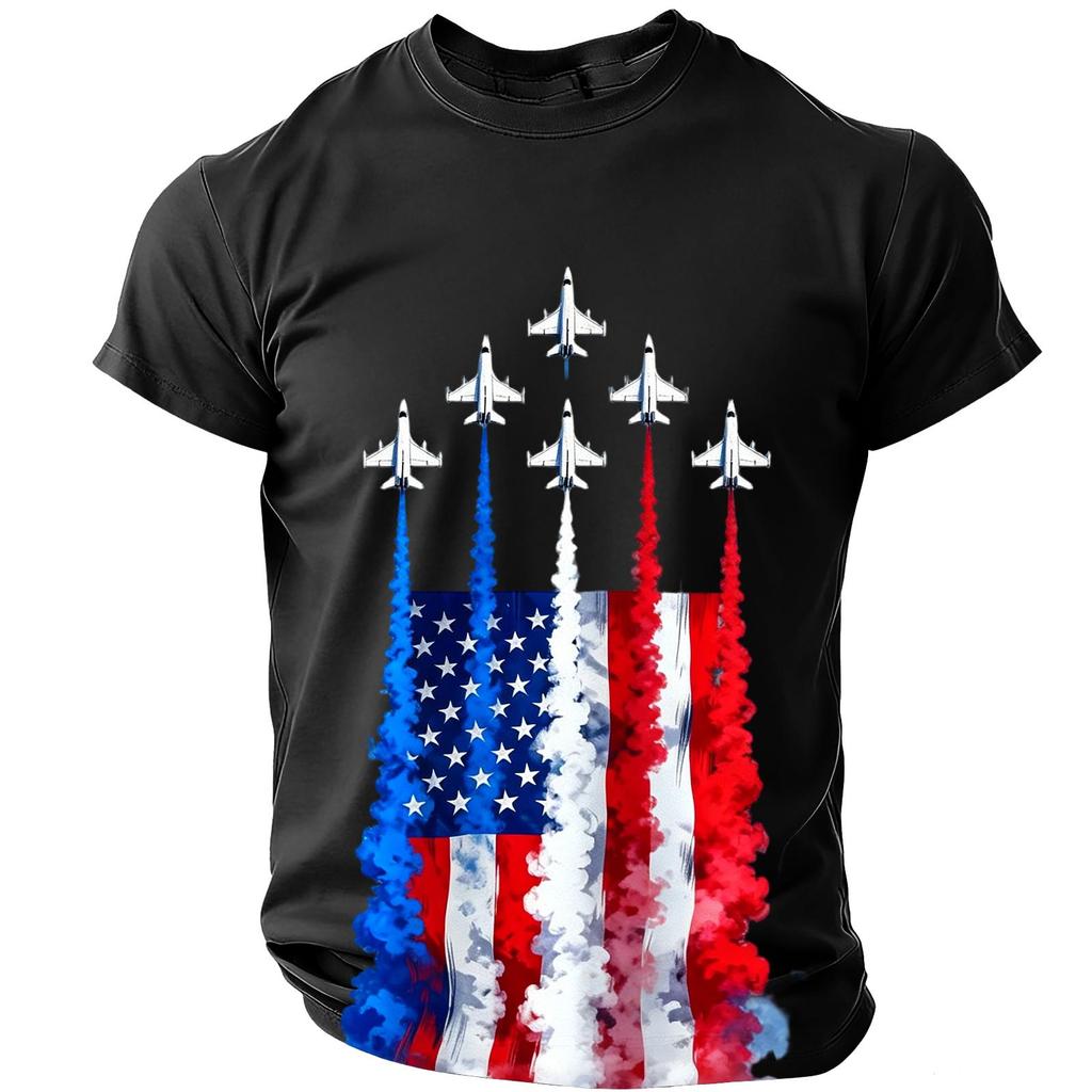 Herren T-Shirt mit kurzen Ärmeln und Rundhalsausschnitt mit Flaggen- und Düsenflugzeug-Grafikdruck, lässige Passform, Oberteil für den Alltag