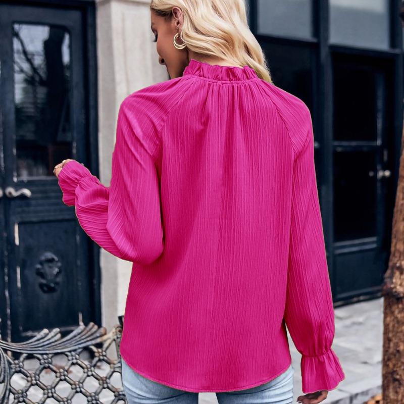 Fashion Long Sleeve Ruffled Stand Collar Elegant Shirts Women Spring and Summer Jacquard Loose Blouses for Women Casual Slim Fit Shirt Tops New 26501
