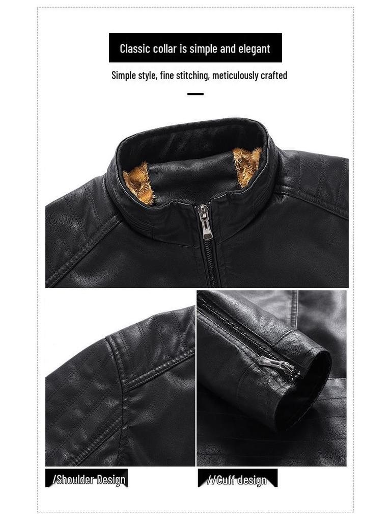 Men's Leather Motorcycle Jacket - European Size, Autumn/Winter, Warm Velvet, Casual PU Leather with Stand Collar.