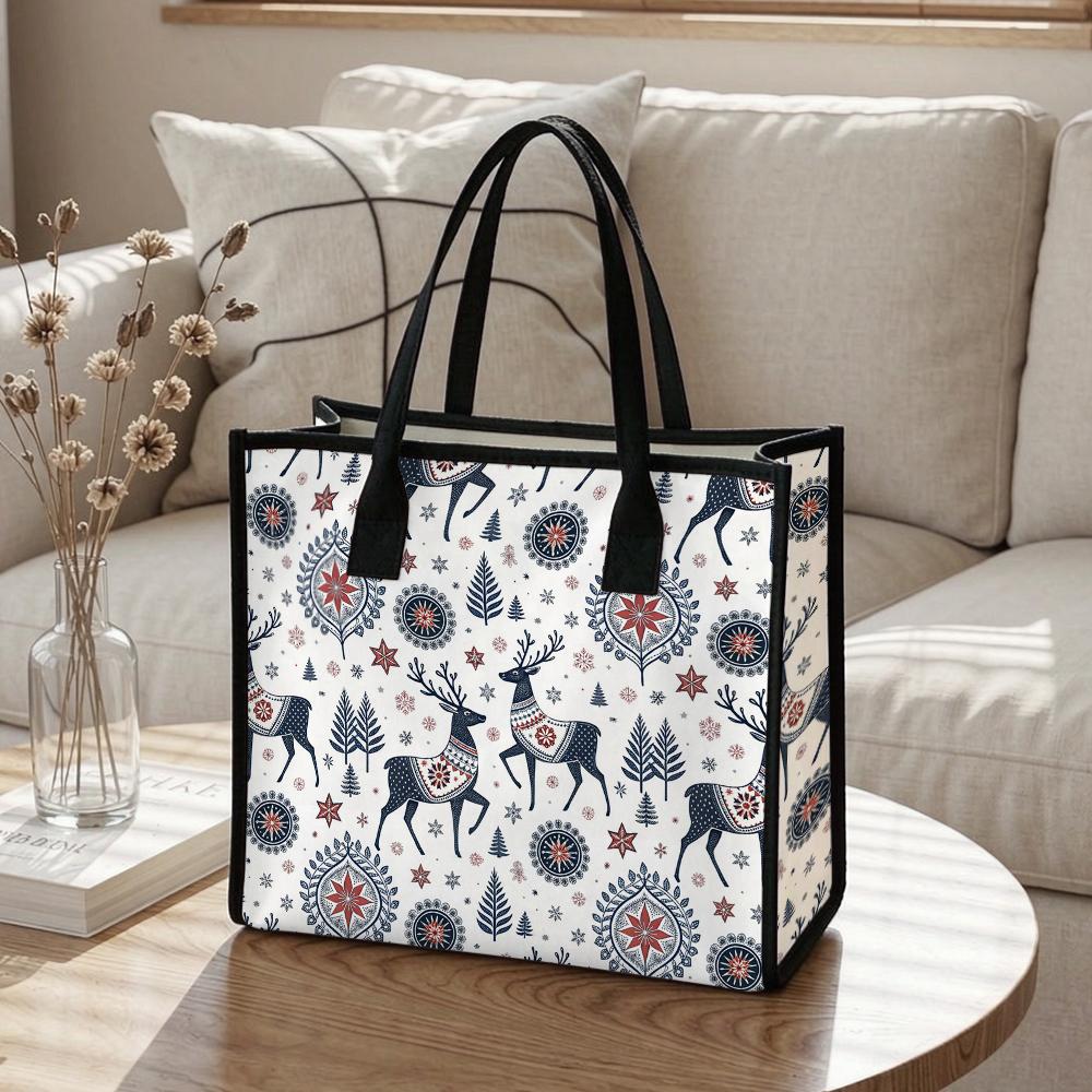 Christmas Pattern Tote Bag Reindeer Print Daily Shoulder Handbag for Shopping Travel Outdoor Commute