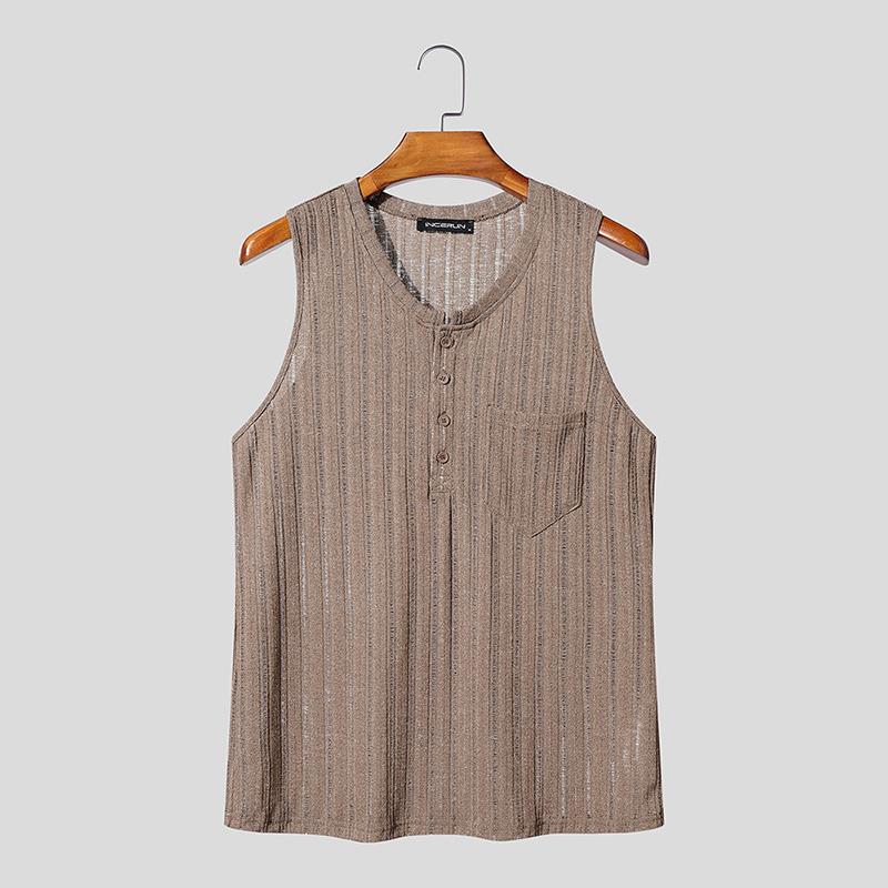 

INCERUN Men V Neck Sleeveless Semi-Sheer Casual Rib Tank Tops Undershirts 4XL коричневый