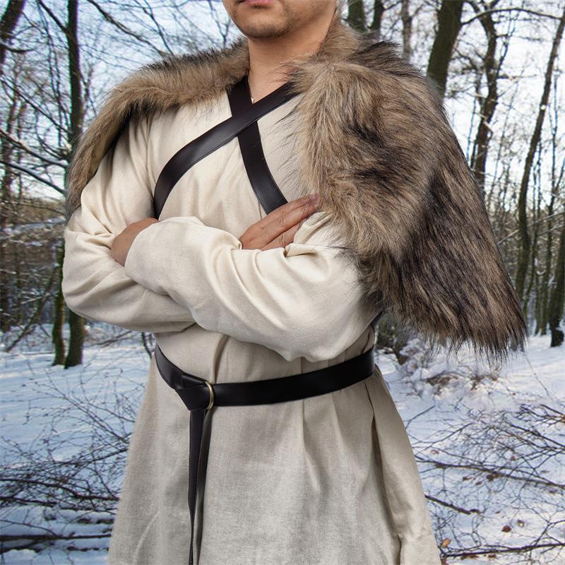Man Medieval Faux Fur Cape Shoulder Cloak With Chest Strap Faux Fur Collar Retro Viking Fur Cape Halloween Cosplay Costume