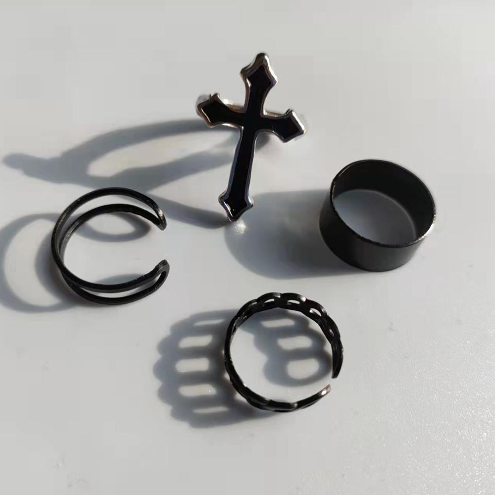 Ring Set For Women Punk Cool Anillos Vintage Simple Black Cross Chain Joint Ring Sets Women Accessories Jewelry Gifts Party