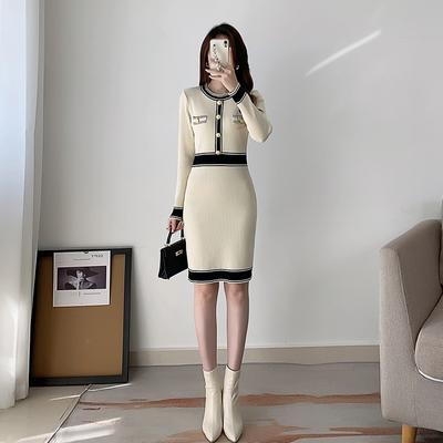 Elegantní pletené šaty dámské kontrastní barva kulatý výstřih dlouhý rukáv knoflíky mini přiléhavé šaty korejský styl oblečení pro úřednice
