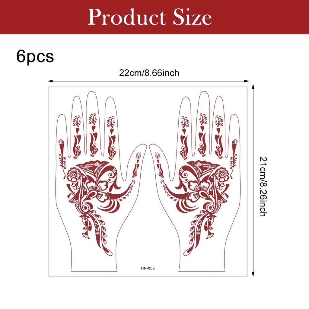 MAYCREATE® Henna Mehandi Stickers, 6 Sheets Temporary Mehendi Sticker, 6 Designs Flowers Mehndi Tattoo Stickers for Hands Red Henna Tattoo for Weddi