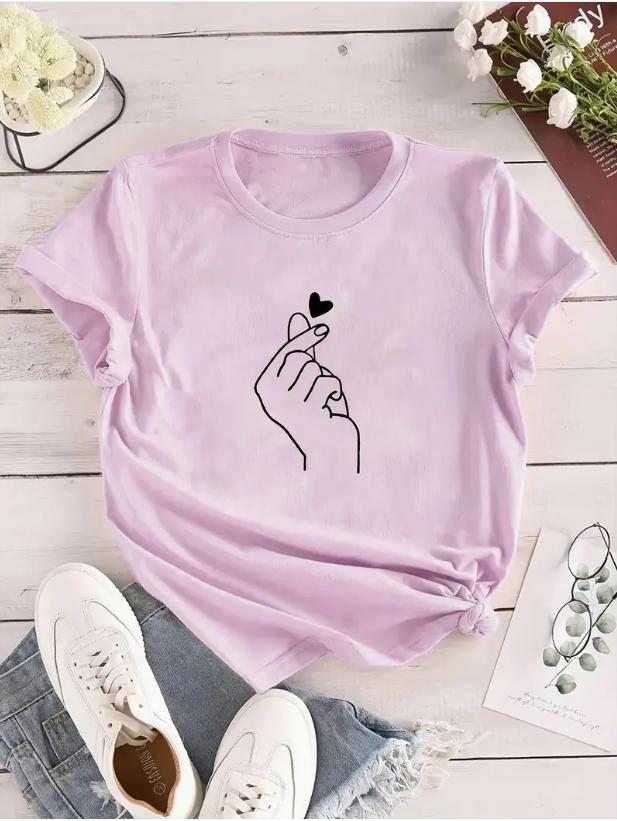 Fashion Women Simple Fingers Compared to Heart Print T Shirt Funny Casual O-neck Short Sleeves T-shirt Summer Female Tee Shirt