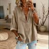 Women’s Fashion Solid Stand Collar Button Up Shirt Casual Loose Fit Top with Three Quarter Sleeves and Relaxed for Everyday Wear
