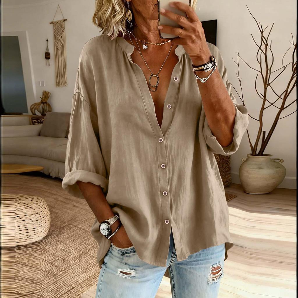 Women’s Fashion Solid Stand Collar Button Up Shirt Casual Loose Fit Top with Three Quarter Sleeves and Relaxed for Everyday Wear