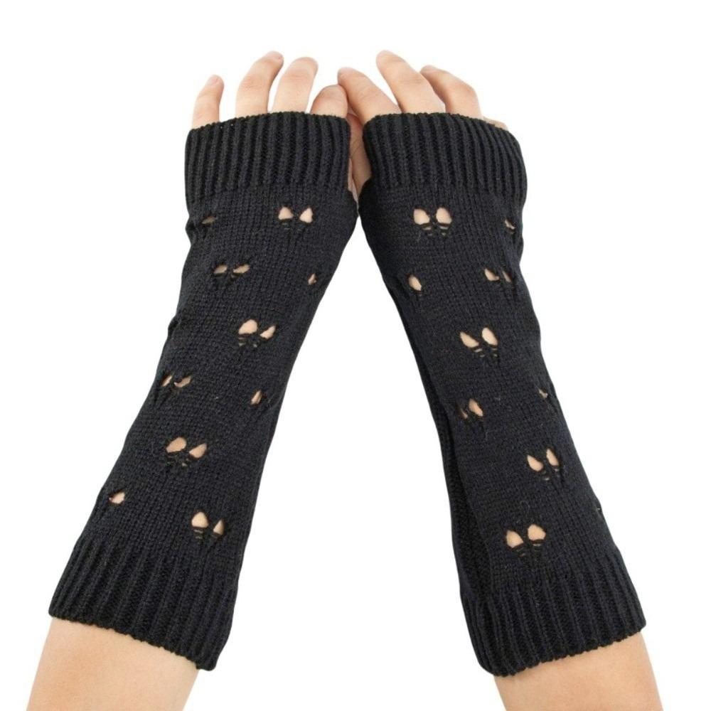 

Hollow Out Design Fingerless Gloves Soft Knitted Arm Warmers Knitted Arm Gloves Lolita Style чорний