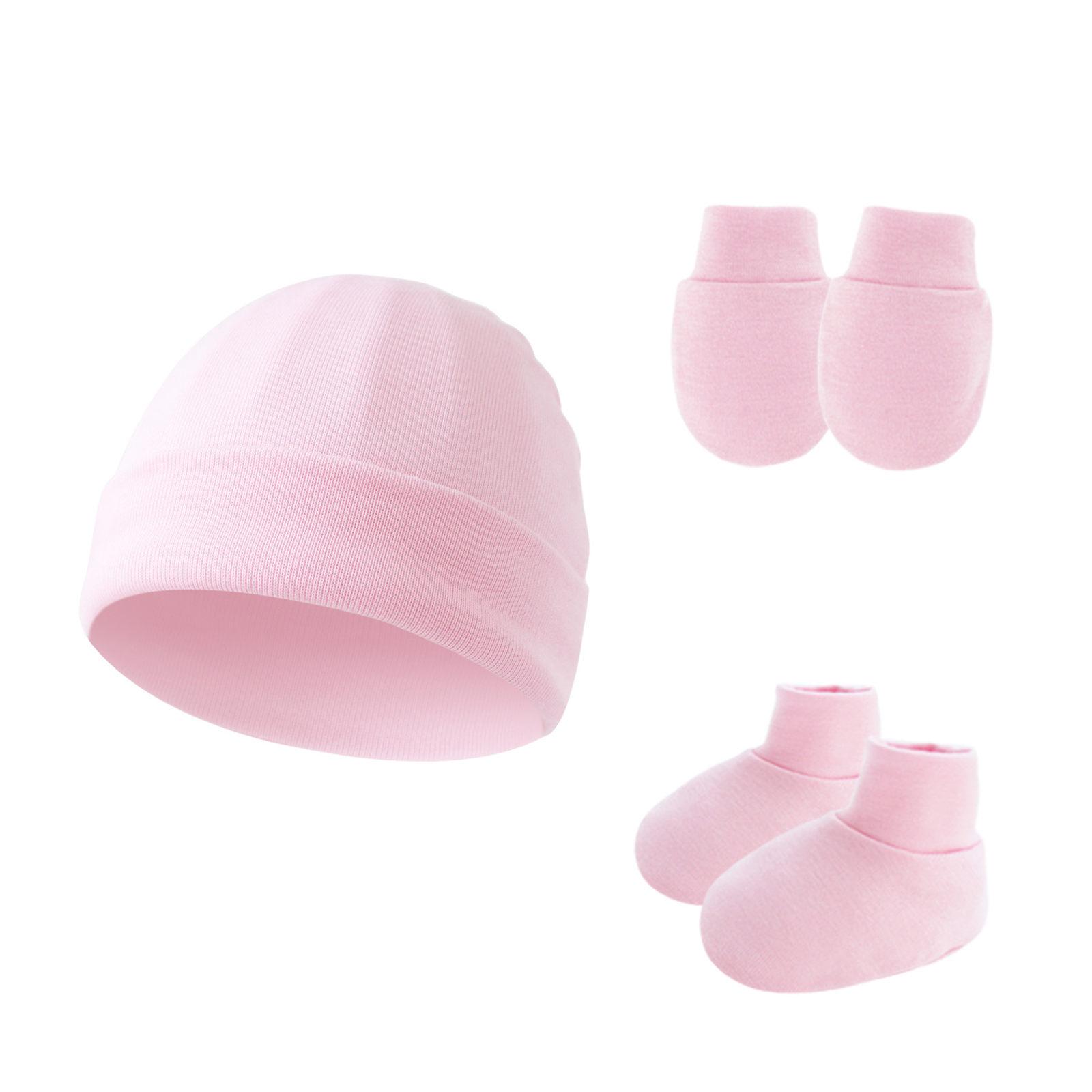 

Теплий набір для новонароджених. Бавовняний капелюшок з рукавицями та пінетками. Комфортний набір для захисту немовлят від 0 до 6 місяців. рожевий