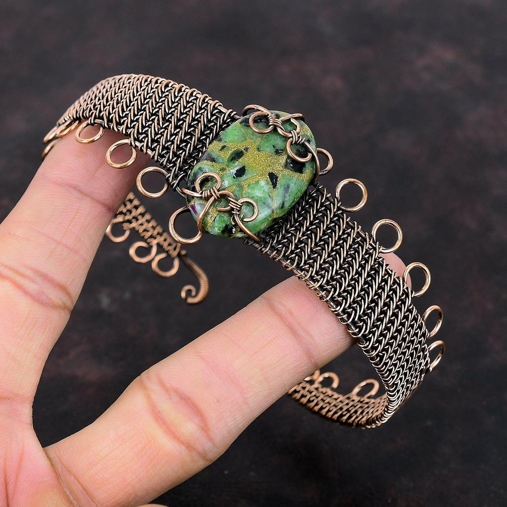 Copper Ruby Zoisite Bangle Copper Wire Wrapped Cuff Bracelet Handmade Boho Jewelry Gemstone Adjustable Bangle Wire Wrap Jewelry Gift For Her