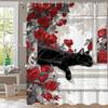 Moderner Duschvorhang mit roten Rosen und schwarzer Katze, Dekorativer Badezimmer-Vorhang aus Polyester mit Blumendruck, Heimvorhang mit Haken