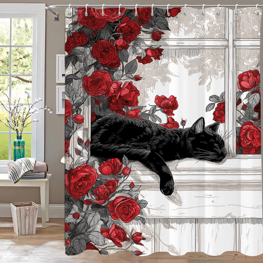 Moderner Duschvorhang mit roten Rosen und schwarzer Katze, Dekorativer Badezimmer-Vorhang aus Polyester mit Blumendruck, Heimvorhang mit Haken