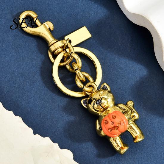 Metal Key Holder Halloween Cat Holding Pumpkin Keychain, Car Party Favor Ring Holder, Backpack Handbag Hanging Decorative Accessory