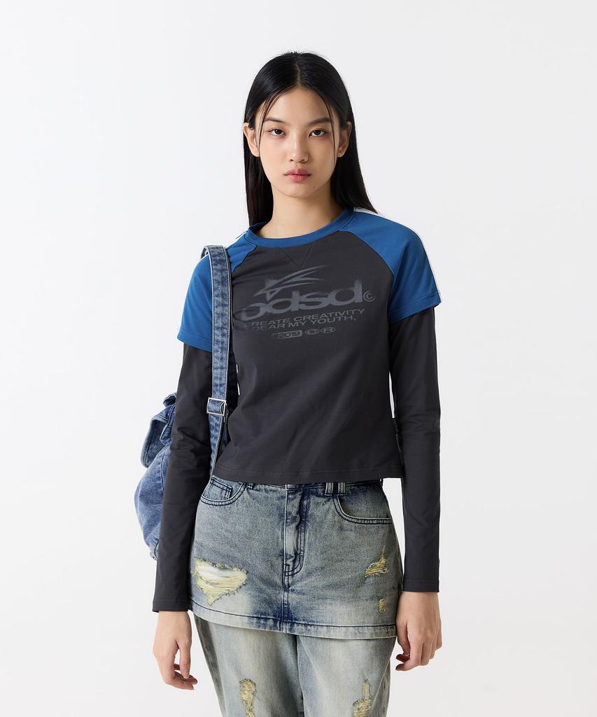 ODDSTUDIO Odsd Raglan Track Semi-Crop T-Shirt - Charcoal / Blue