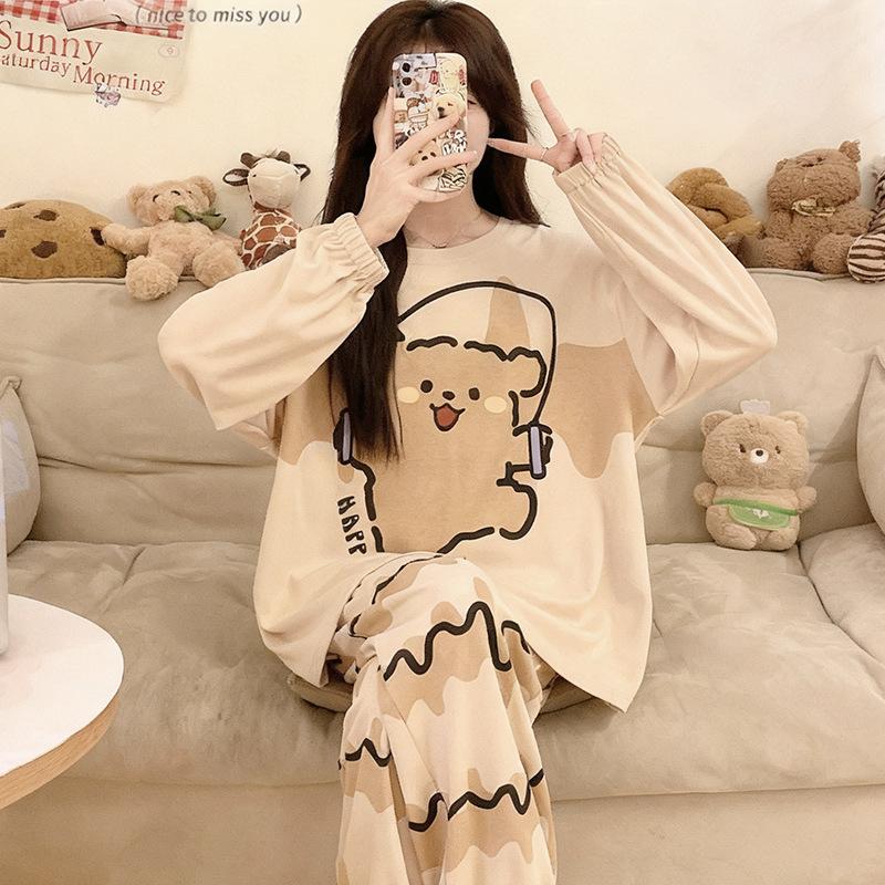 Milk Coffee Puppy Cartoon Pajamas Women's Spring and Autumn Plaid Long Suit Cotton Casual Can Be Worn Outside Women's Loungewear