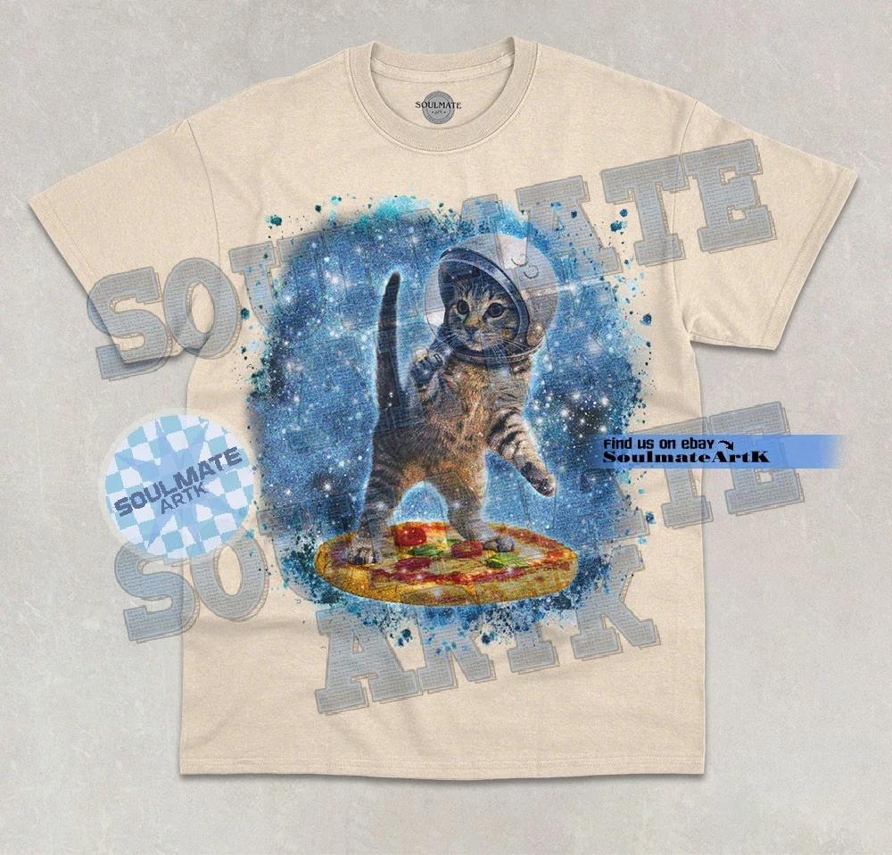 Space Cat Pizza T-Shirt Funny Cute Kitty Lover Meme Joke Graphic Unisex Shirt XL