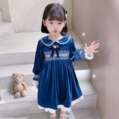 Mädchen Samt Kleid Lolita Prinzessin Bestickte Dicke Kleider Kind Mode Herbst Winter Spitze Peter Pan Kragen Kleid Kinder Kleidung