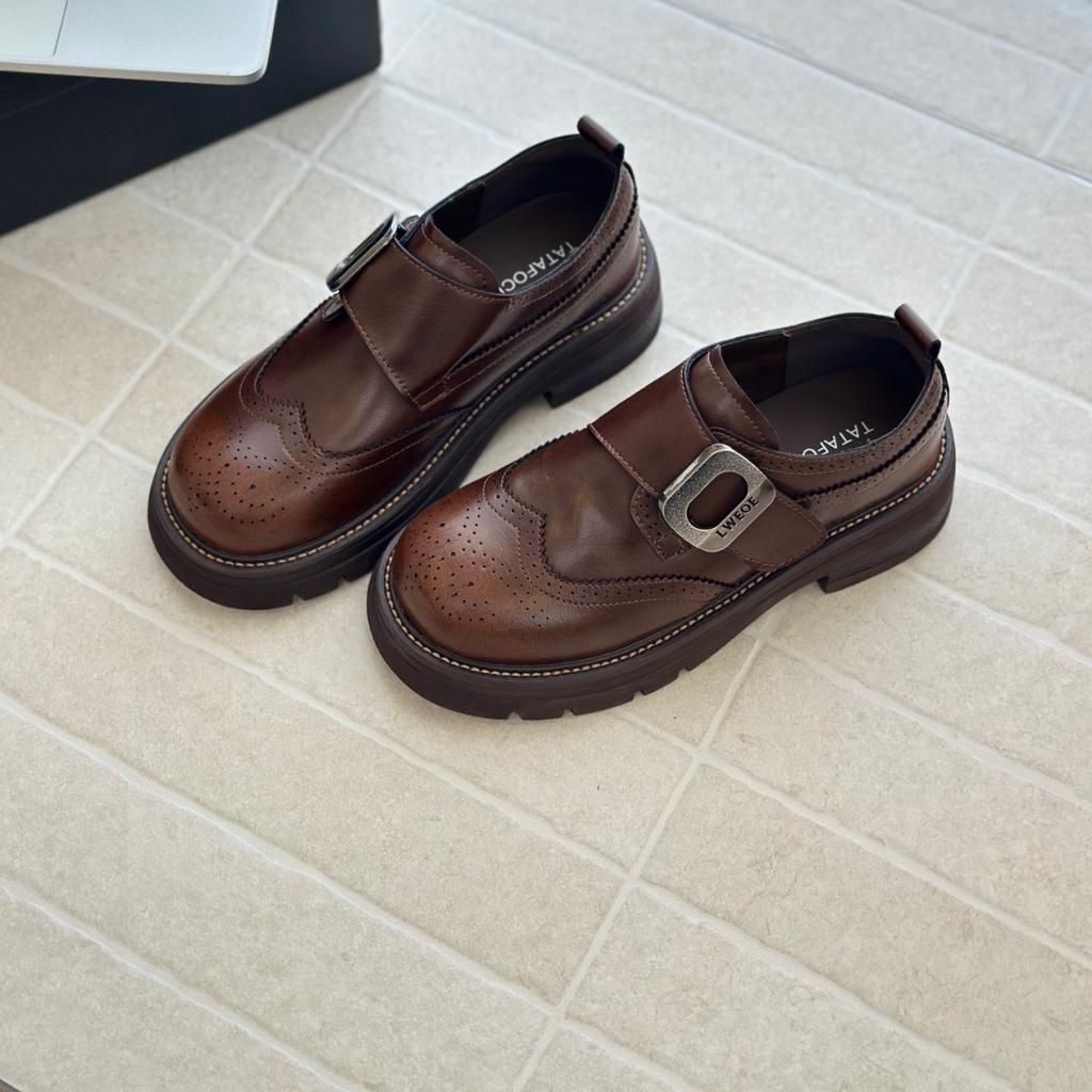 Leather British style carved Pollock leather shoes jk Velcro black derby retro platform loafer small leather shoes women