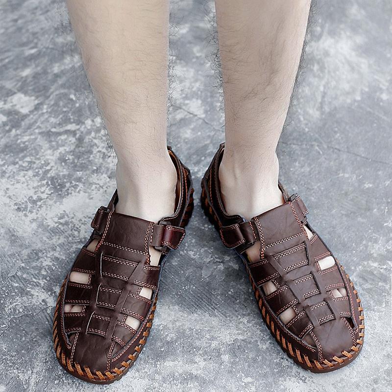 Pánské letní duté kožené sandály prodyšné vintage kožené boty pro volný čas outdoor ploché brodění mokasíny plážové pantofle
